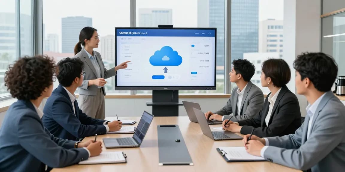 Team discussing cloud-based communication solutions, showcasing מרכזיה בענן features in a modern office setting.