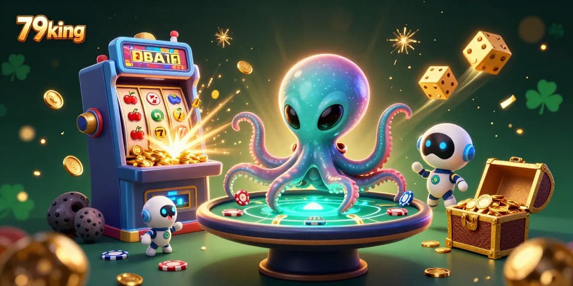 Bet big with 79king — a thrilling alien octopus at a holographic poker table amidst vivid gambling elements.