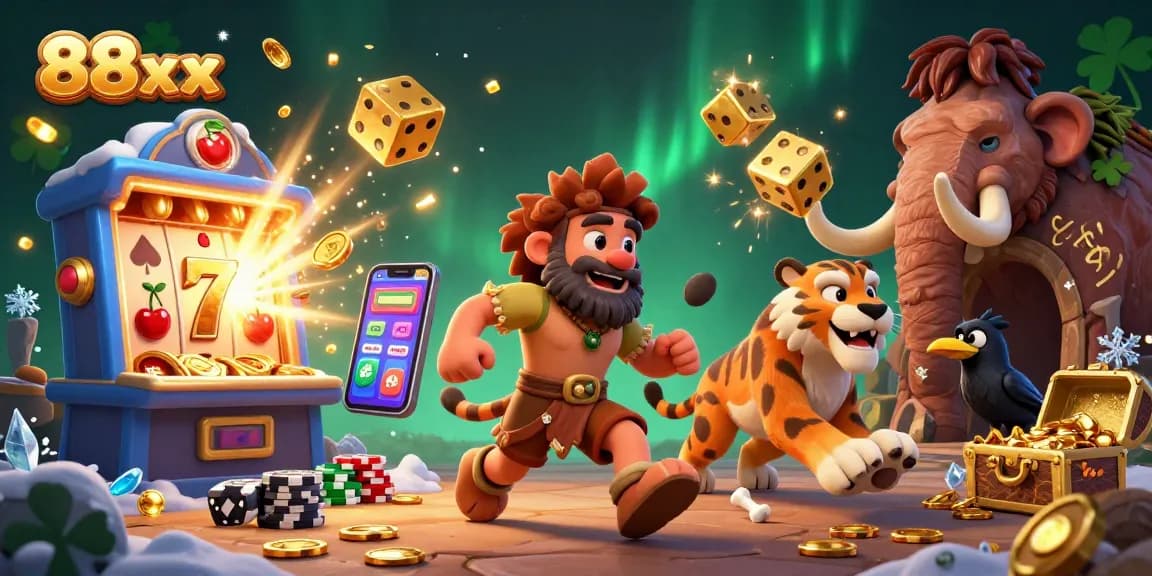 Spin the reels at 88xx with a dynamic prehistoric casino scene filled with exciting gaming elements.