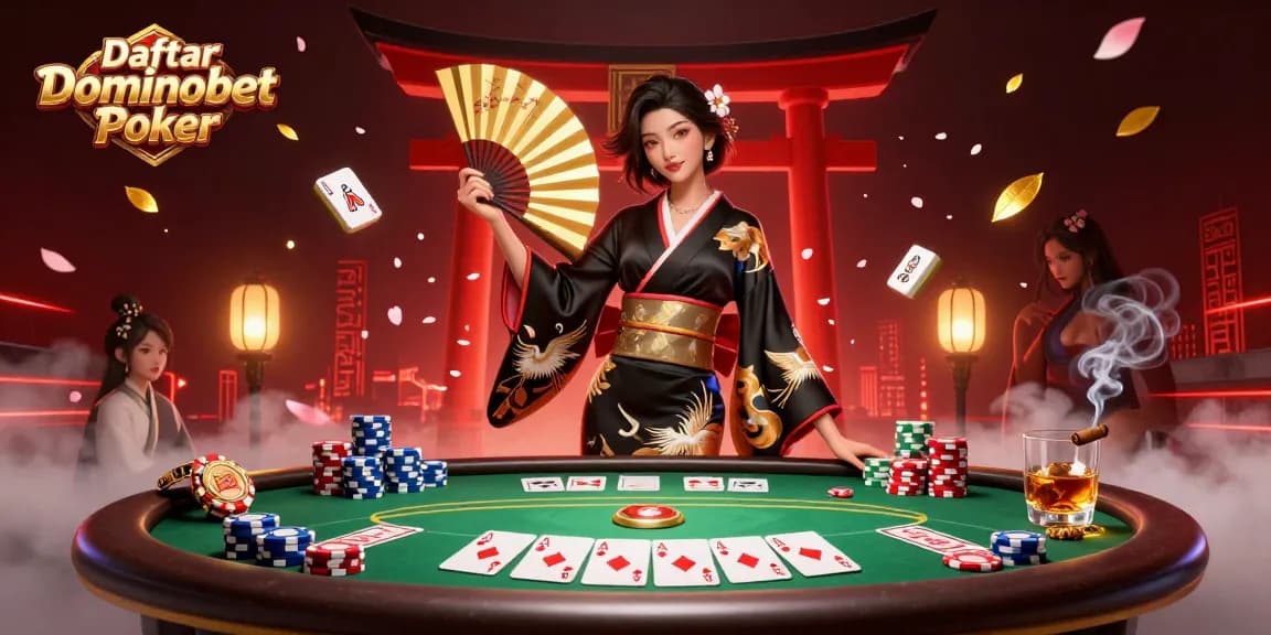 Engage with the action at Daftar Dominobet Poker, featuring a stunning 3D illustration of poker elements and traditional Japanese motifs.
