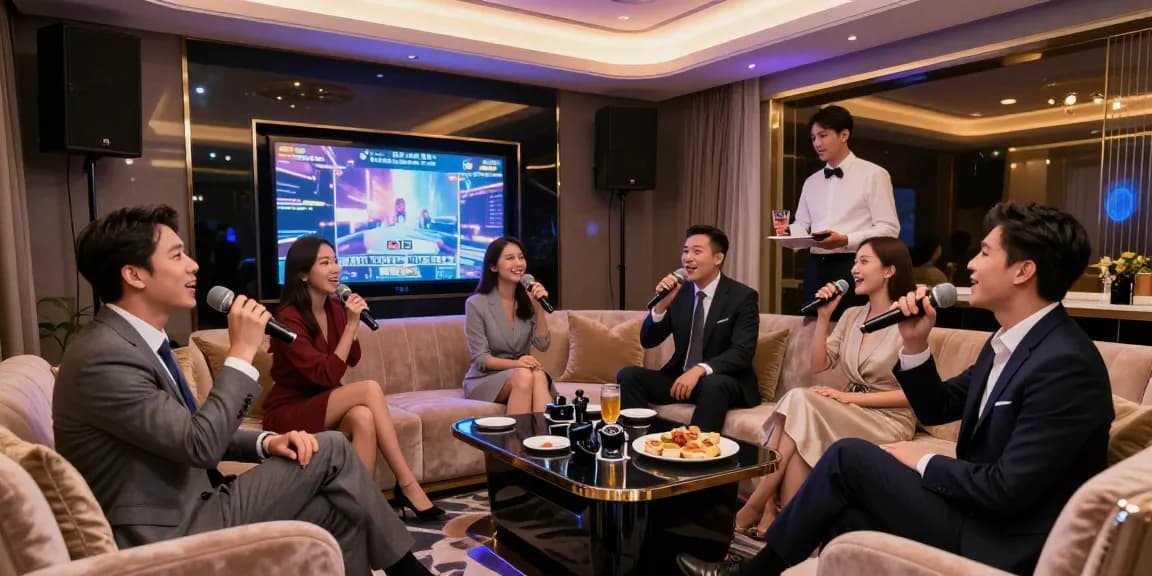 강남쩜오의 고급 프라이빗 룸에서 전문적인 분위기 속에 노래를 부르는 상황