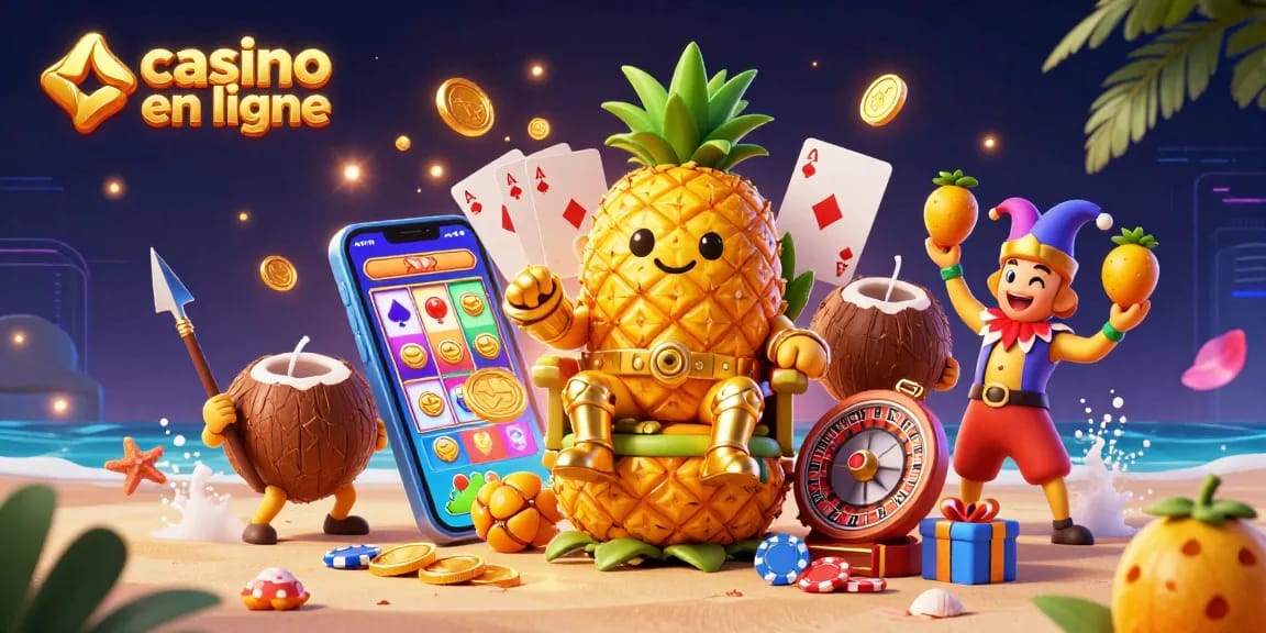 Plongez dans l'univers de casino en ligne avec le roi ananas et ses gardes dans un décor de plage.