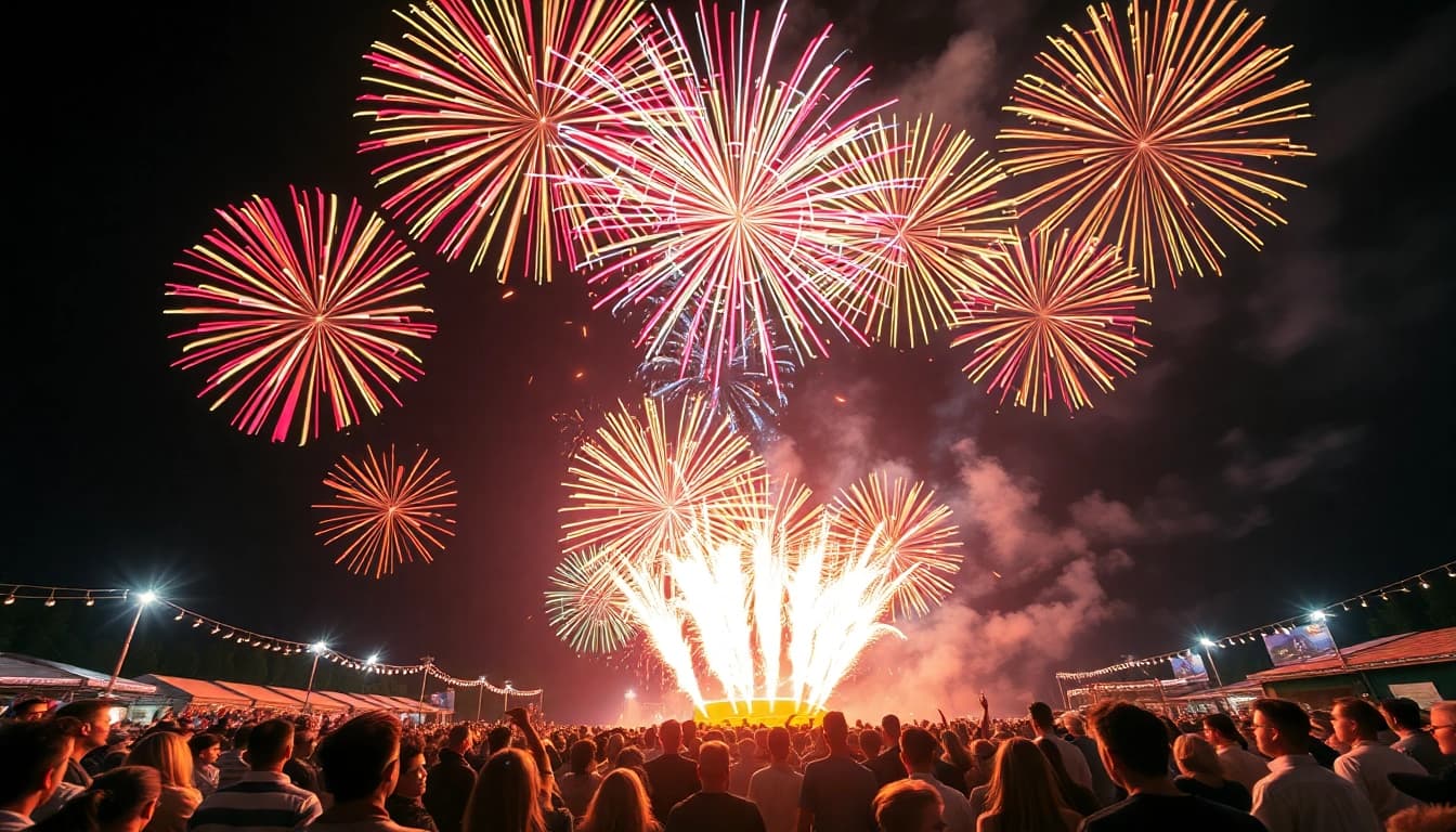 Experience stunning fireworks for sale illuminating the night sky at an outdoor celebration.