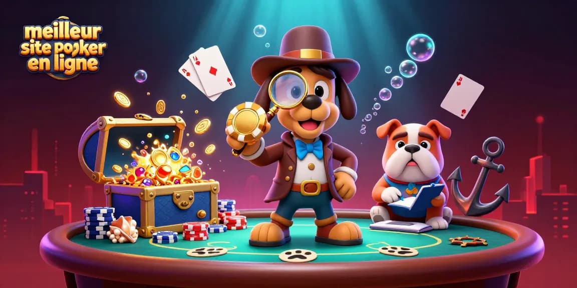 Examiner les meilleures options sur le meilleur site de poker en ligne, avec un détective cartoon et un bulldog.