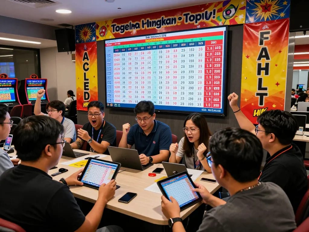 Players engaging with real-time Data HK results in a vibrant Togel Hongkong gaming lounge.