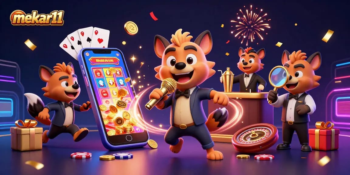 Experience the excitement of mekar11 with hyenas in a dynamic casino scene featuring slots and celebratory elements.