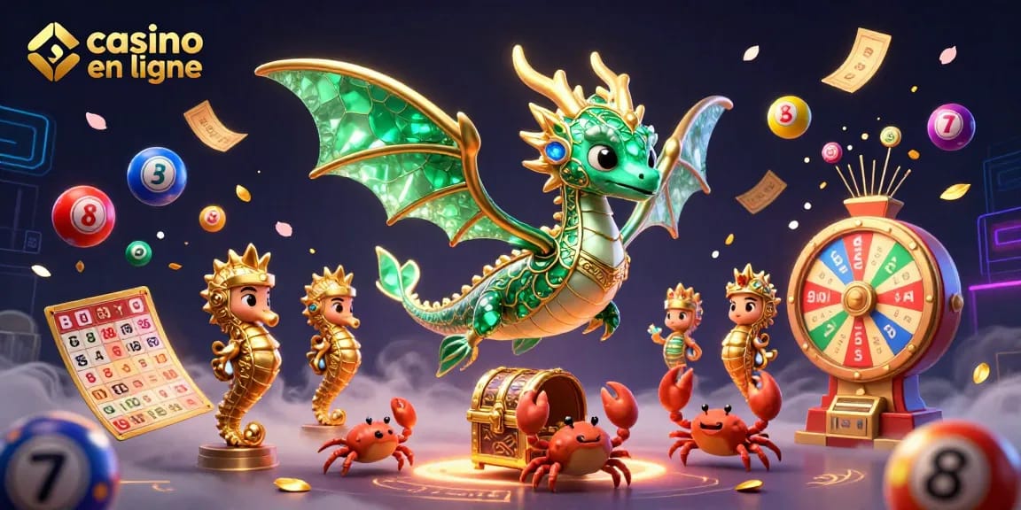 Jouez sur un casino en ligne avec des jeux variés, en entourant un dragon de mer et des éléments festifs.