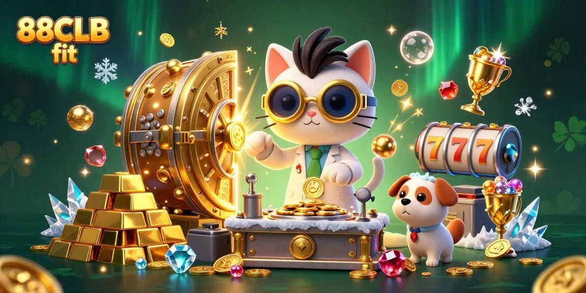 Experience excitement at 88CLB fit with a 3D cartoon mad scientist cat creating golden casino riches.