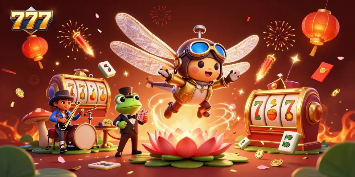 Experience thrilling 777 jackpots in this vibrant 3D casino scene with floating mahjong tiles and a dragonfly pilot.