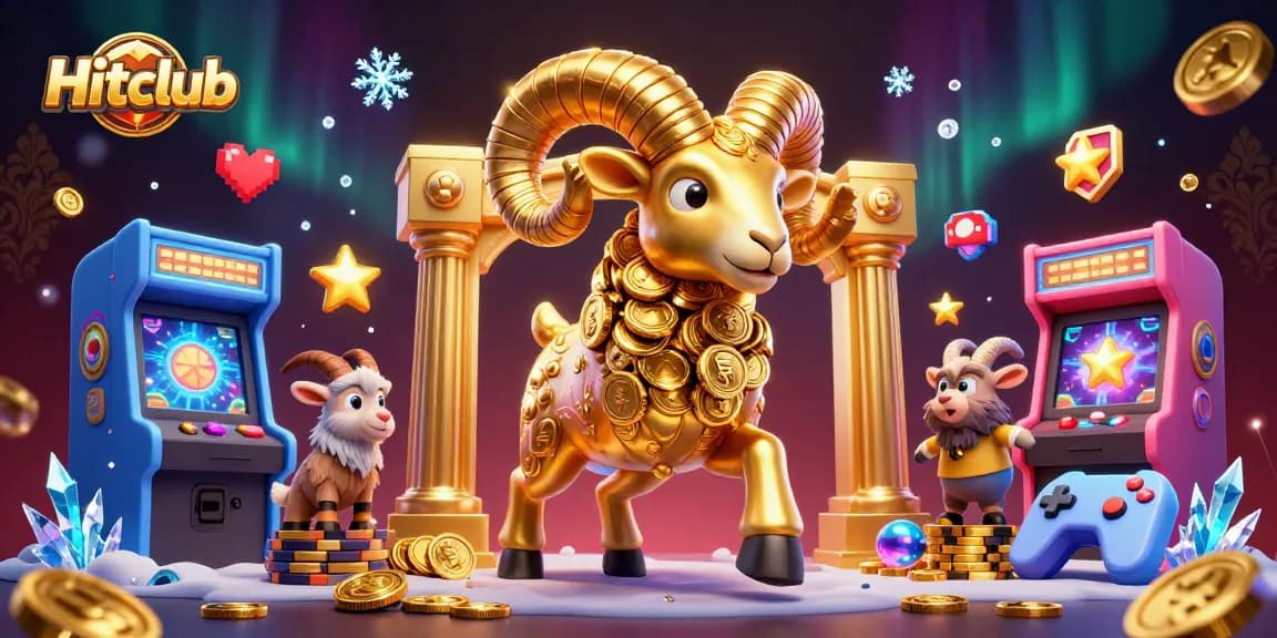 Hitclub showcases an epic scene with a golden ram charging through a casino filled with vibrant gaming elements.