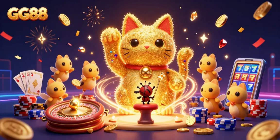 GG88 features a vibrant lucky cat surrounded by casino symbols, enhancing the gaming excitement.