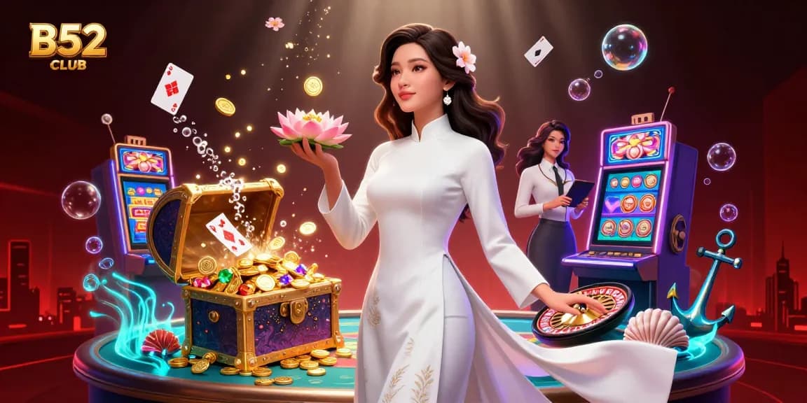 B52CLUB offers vibrant casino excitement with an elegant lady in a dynamic 3D illustration.