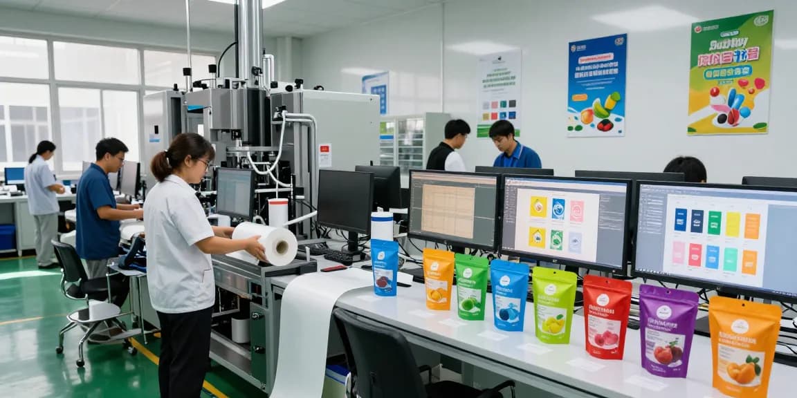 Stand up pouch production with modern machinery and colorful samples in a high-tech facility.