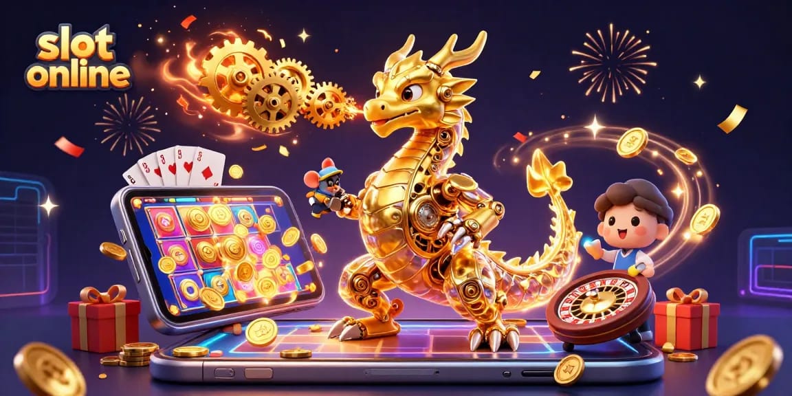 Slot online menampilkan naga emas biomekanik dan elemen perjudian yang mendebarkan.