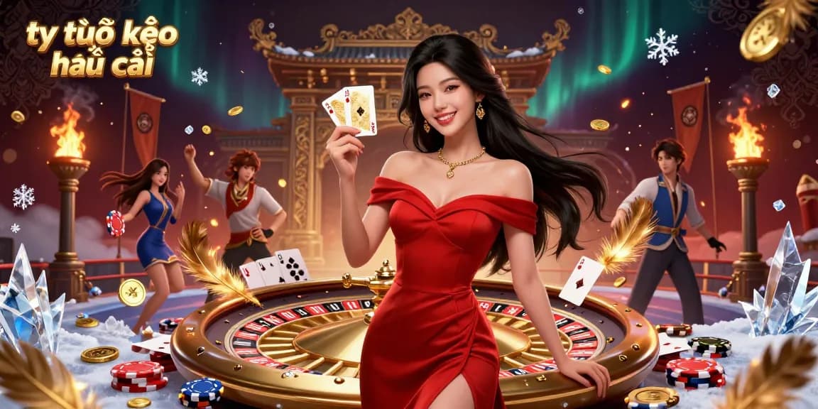 Engage with tỷ lệ kèo nhà cái through vibrant casino visuals, featuring a confident Asian woman by a roulette wheel.