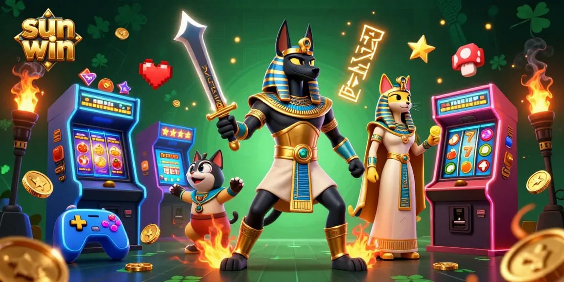 Join the sun win adventure with Egyptian warriors and slot machine excitement in this captivating casino scene.