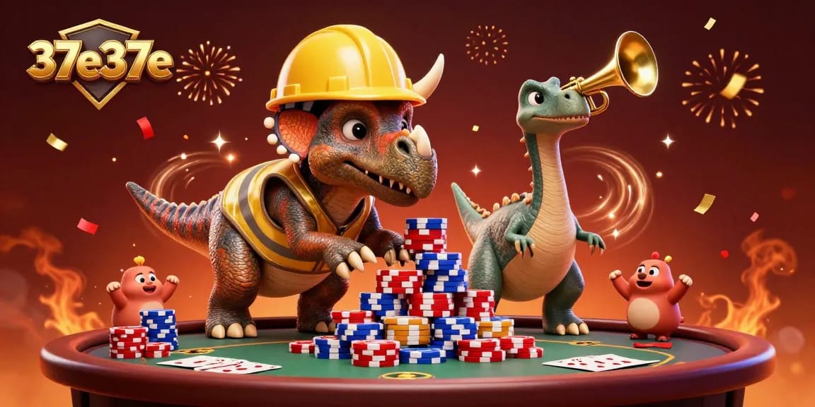Engage with 37e37e's exciting poker atmosphere, featuring dynamic characters celebrating with chips and confetti.