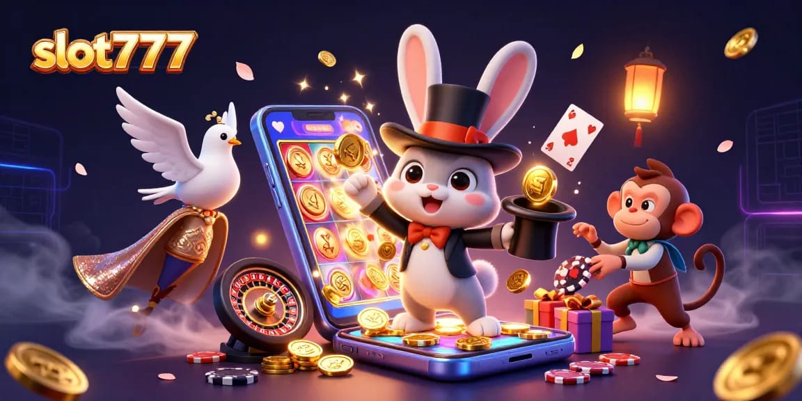 Engage with slot777 as the magician conjures coins, surrounded by vibrant casino elements.