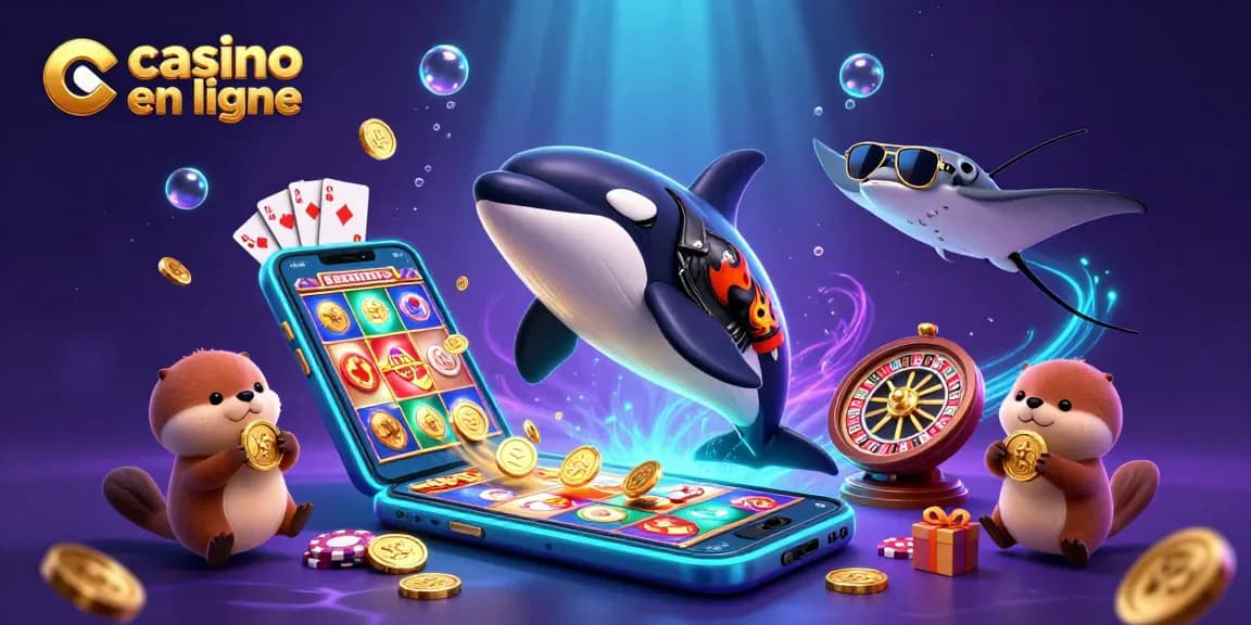 Casino en ligne : orque en moto, raie et loutres autour de jeux de casino dorés.
