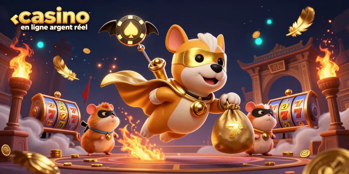 Illustration engageante de casino en ligne argent réel mettant en vedette un chien super-héros et son acolyte, entourés d'éléments de jeu vibrants.
