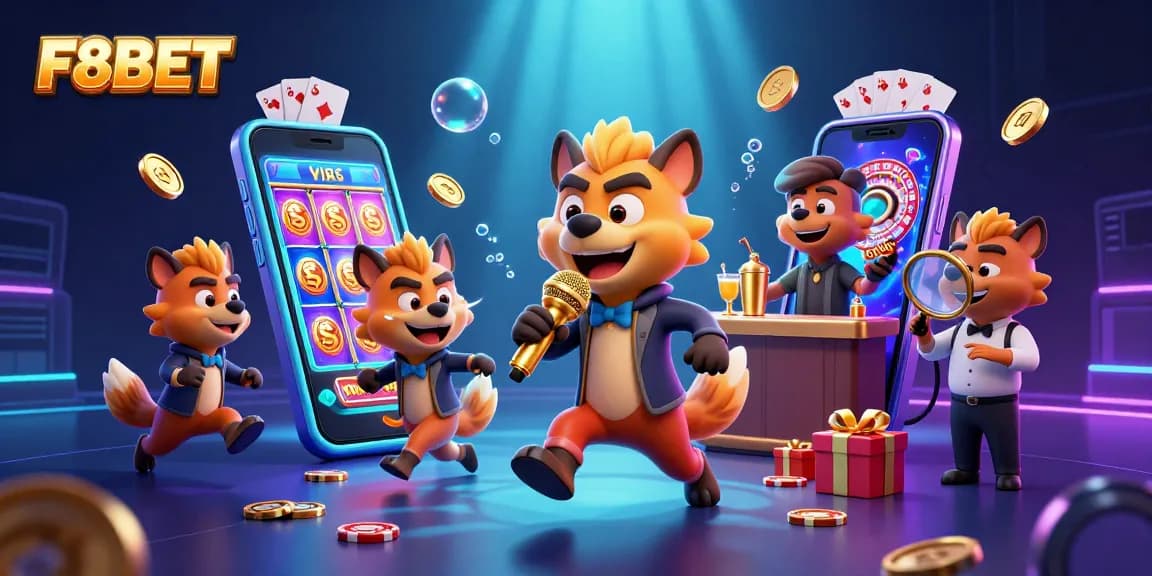 Experience the vibrant energy of F8BET as hyenas engage in casino fun, showcasing an exciting gaming atmosphere.
