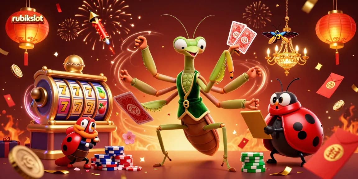 Experience thrill with rubikslot's vibrant online casino scene featuring dynamic characters and festive casino elements.