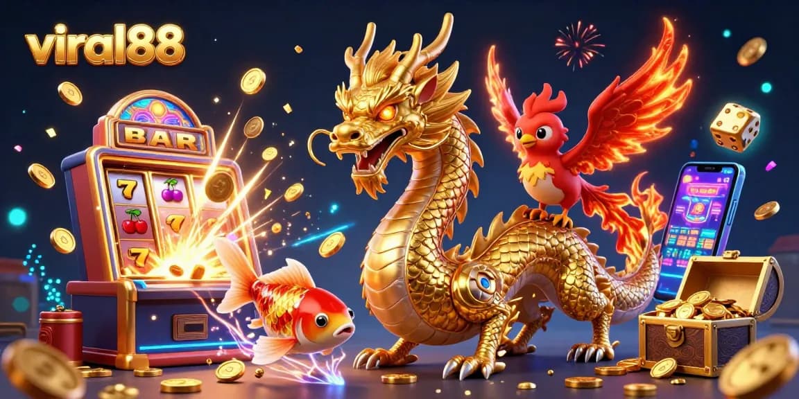 Spin the reels with viral88 for an exciting slot experience, featuring a majestic dragon and vibrant gameplay elements.