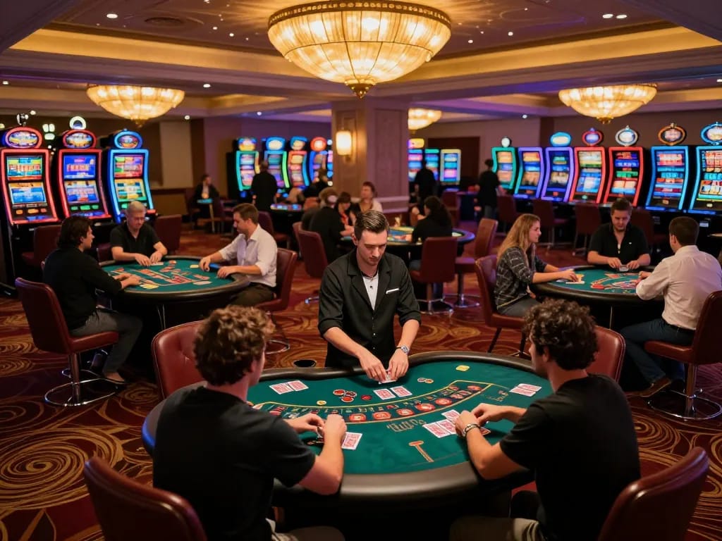Players strategizing at Sunwin's luxurious casino games, vibrant atmosphere and engaging gameplay.