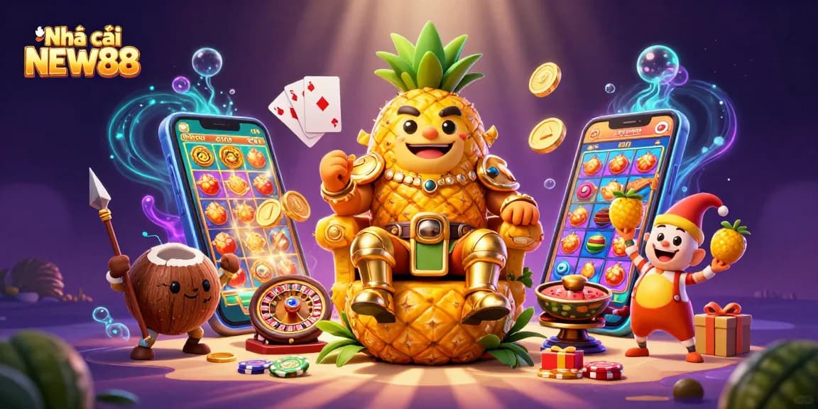 Experience the excitement at Nhà cái NEW88 with colorful game elements and vibrant casino characters.