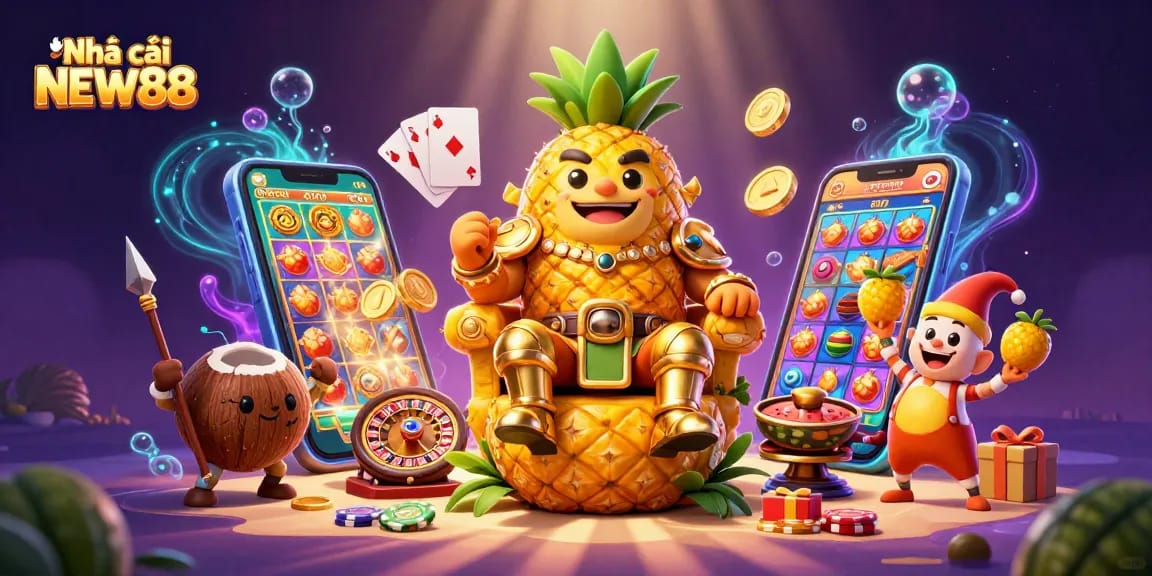 Experience the excitement at Nhà cái NEW88 with colorful game elements and vibrant casino characters.