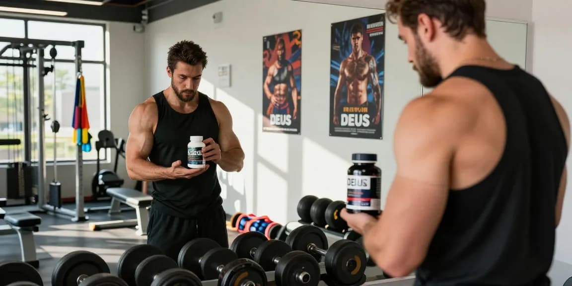 Deus Medical Steroide in einem Fitnessstudio mit motiviertem Athleten und Trainingsgeräten