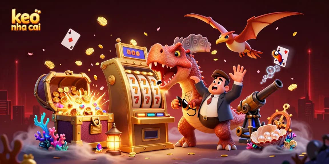 Spin the keo nha cai jackpot with a dinosaur in a casino, catching flying gold coins.