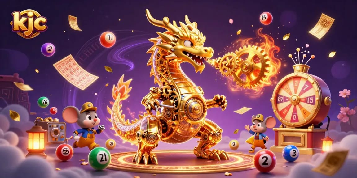 KJC engages players with a dynamic 3D gaming scene featuring a golden dragon and colorful lottery elements.