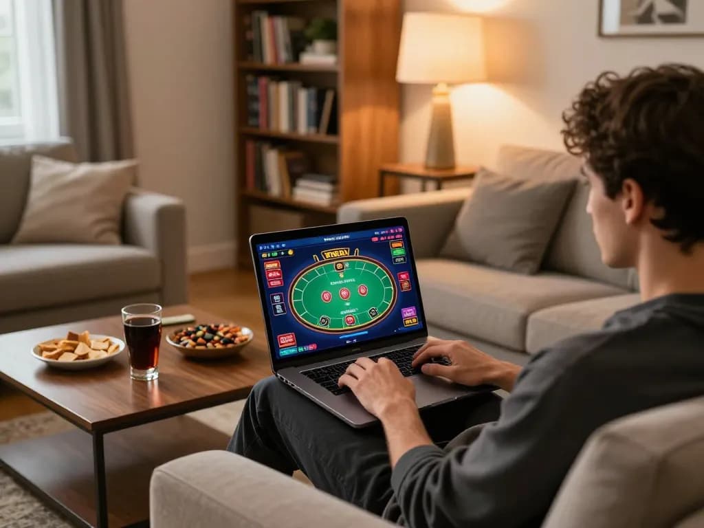Engaging with online casino games on https://ta88.nl/, illustrating responsible gaming at home.