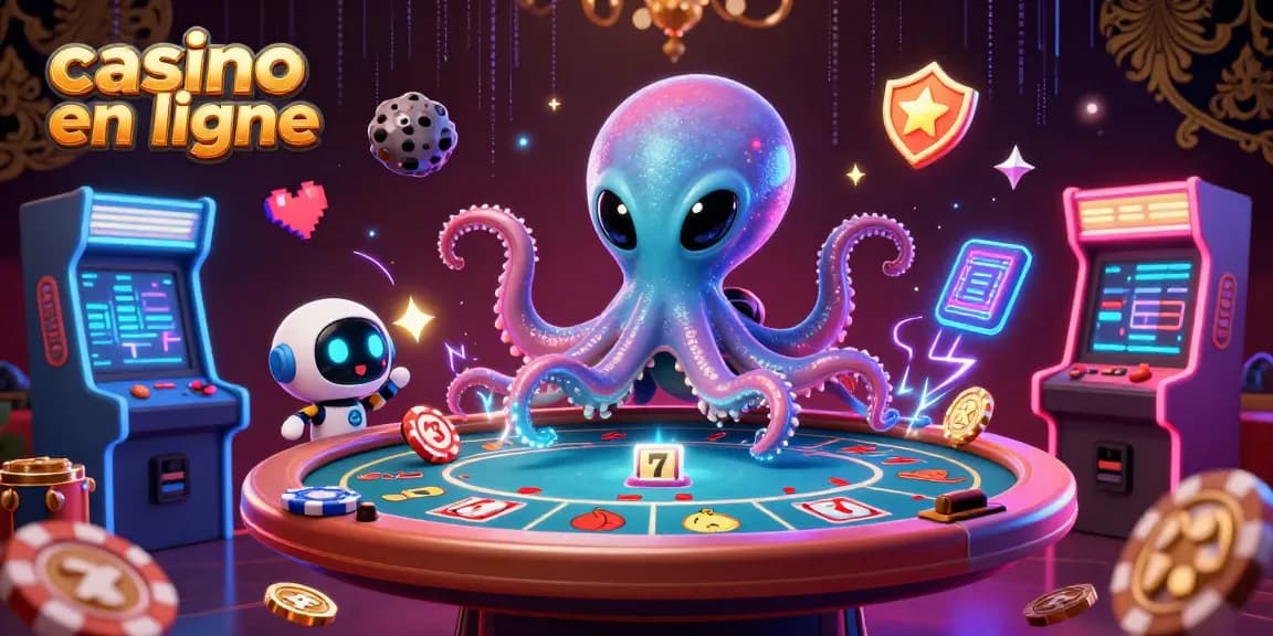 Illustration d'un poulpe extraterrestre dans un casino en ligne, jouant au poker avec un robot.