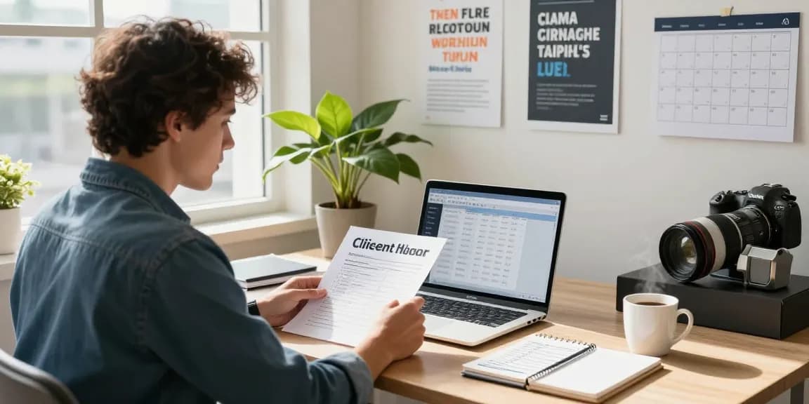 Self-employed contractor at a modern office desk reviewing proposals with laptop and notepad.
