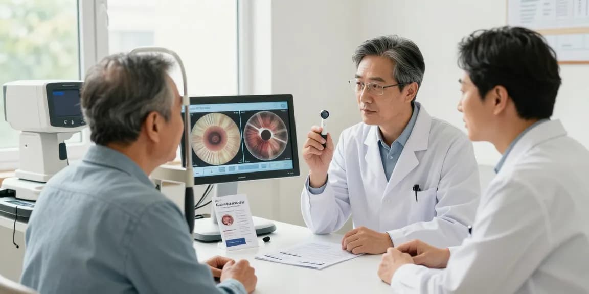 Ophthalmologist explaining glaucoma risks in a bright eye clinic, showcasing eye examination tools and digital displays.