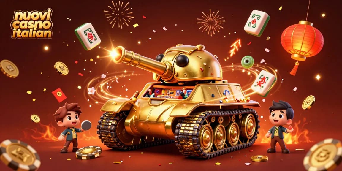 Visualizza i nuovi casino italiani in un'illustrazione 3D vivace e dettagliata con un carro armato di scarabeo dorato e giochi di luci.