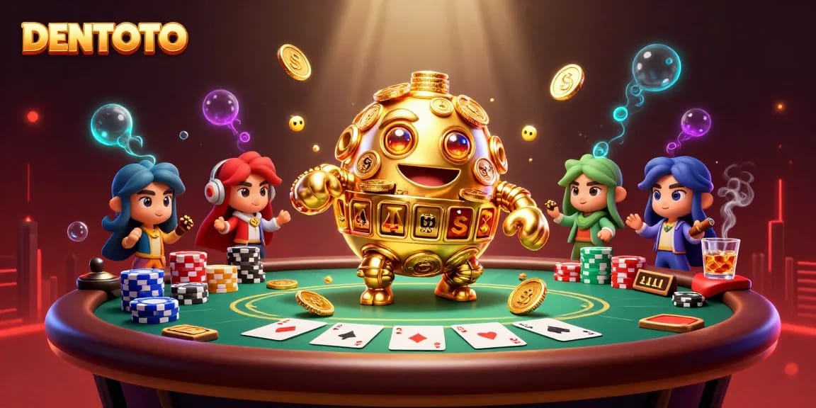 DENTOTO showcases an adventurous casino scene with a golden golem and poker elements.