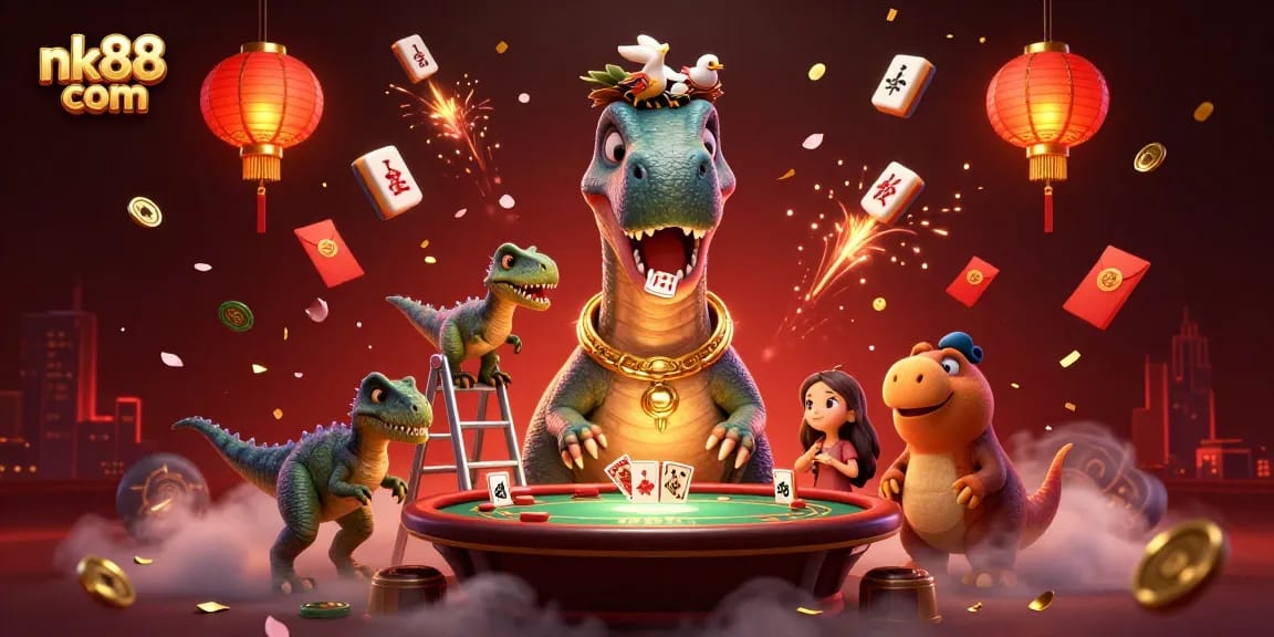 Engage in the excitement of nk88 com with a vibrant casino scene featuring animated dinosaurs and festive elements.