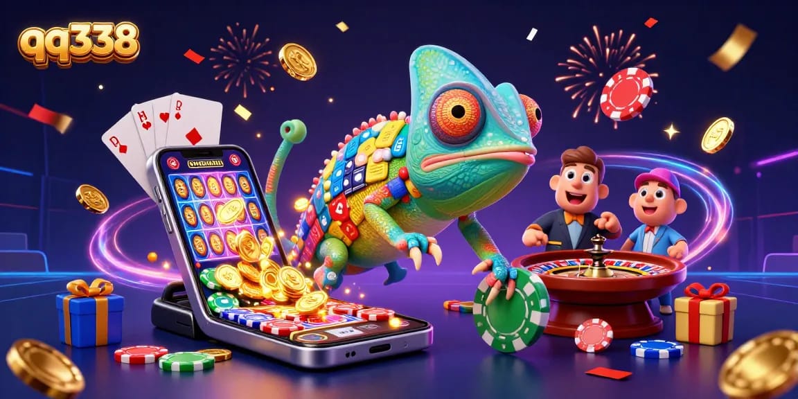 Engage with the vibrant scene of qq338 featuring a chameleon casino owner and dynamic gaming elements.