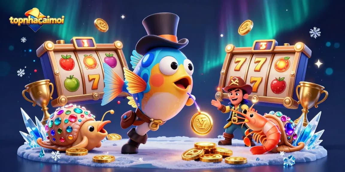 Engage with topnhacaimoi's exciting slot adventure featuring vibrant characters in a dynamic casino scene.