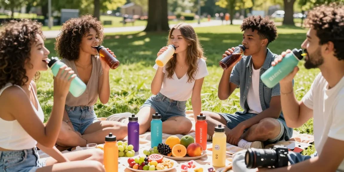 Refreshing flavored water without additives enjoyed by friends during a summer picnic.