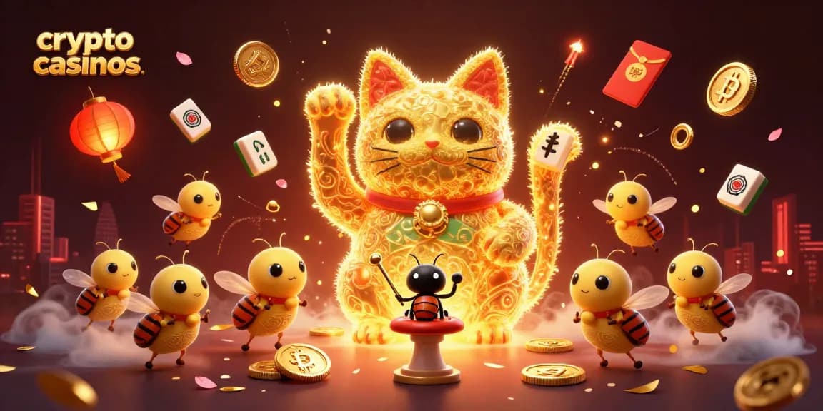 Joue sur des crypto casinos modernes avec des pièces Bitcoin et Ethereum entourées de feu d'artifice et de lanternes.