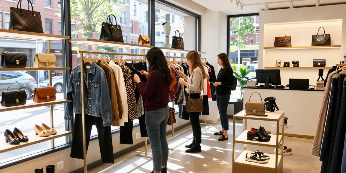 Customer browsing high-quality 레플리카 fashion in urban boutique setting.