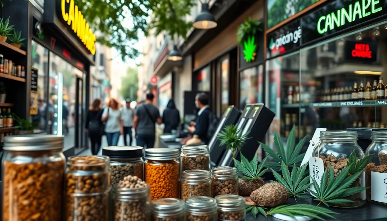 Shop display of Cannabis Shop Madrid featuring vibrant products in an urban setting.