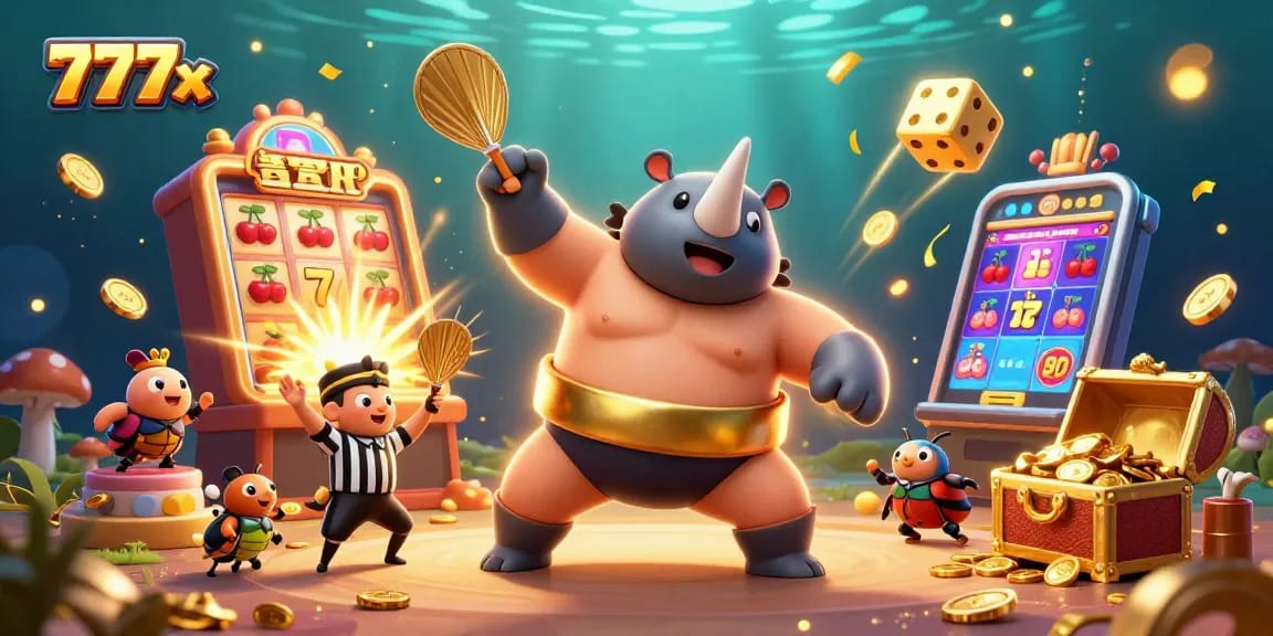 Experience thrilling moments with 777x in a lively 3D casino world featuring a sumo beetle.