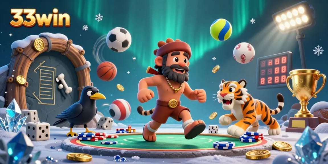 Experience thrilling gambling at 33win with sports balls and a playful prehistoric casino setup.