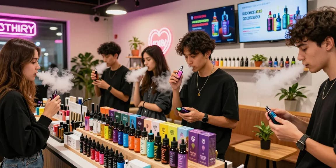 Engaging scene at 蒸氣天堂 vape shop with diverse group testing e-liquids and modern vape devices.