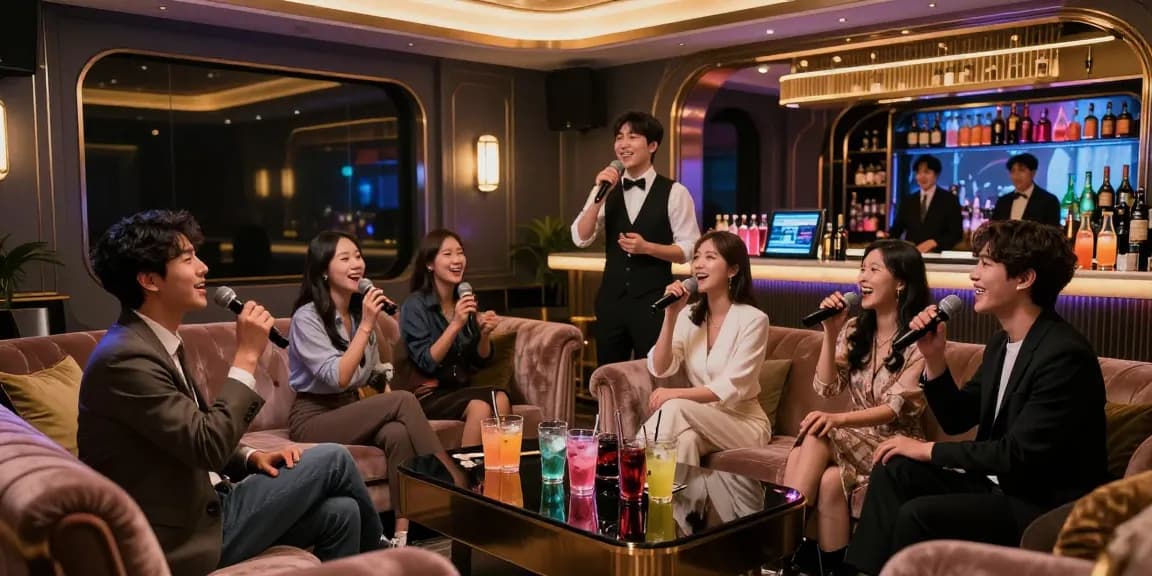 고급스러운 강남쩜오 카라오케 라운지에서 친구들이 함께 즐거운 시간을 보내는 모습.